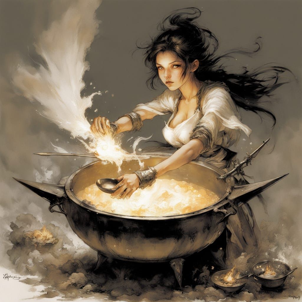 Tiny Fairy Cooks Porridge Over Fire in Airbrush Style
