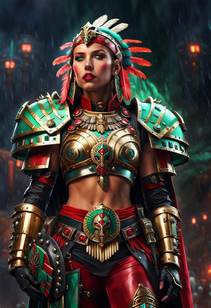 Space Marine Woman with Aztec Headdress in Cyberpunk Style