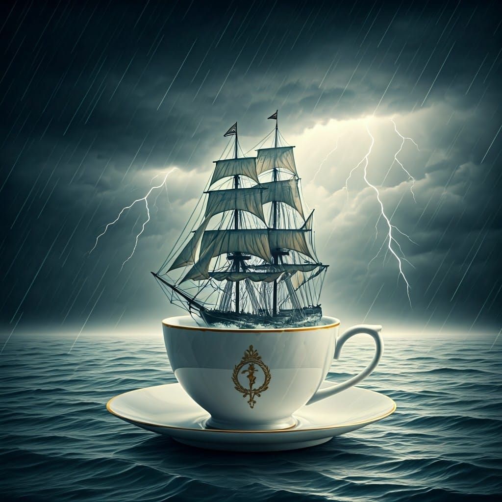 Ship Storm in a Teacup: Surreal AI Art