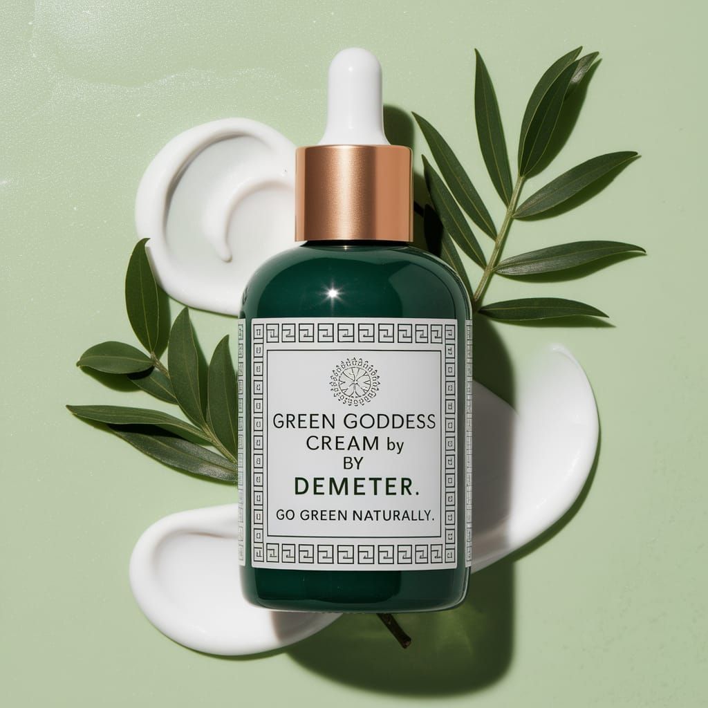 A Grecian-style bottle and the label "Green Goddess Cream by Demeter: Go Green Naturally."