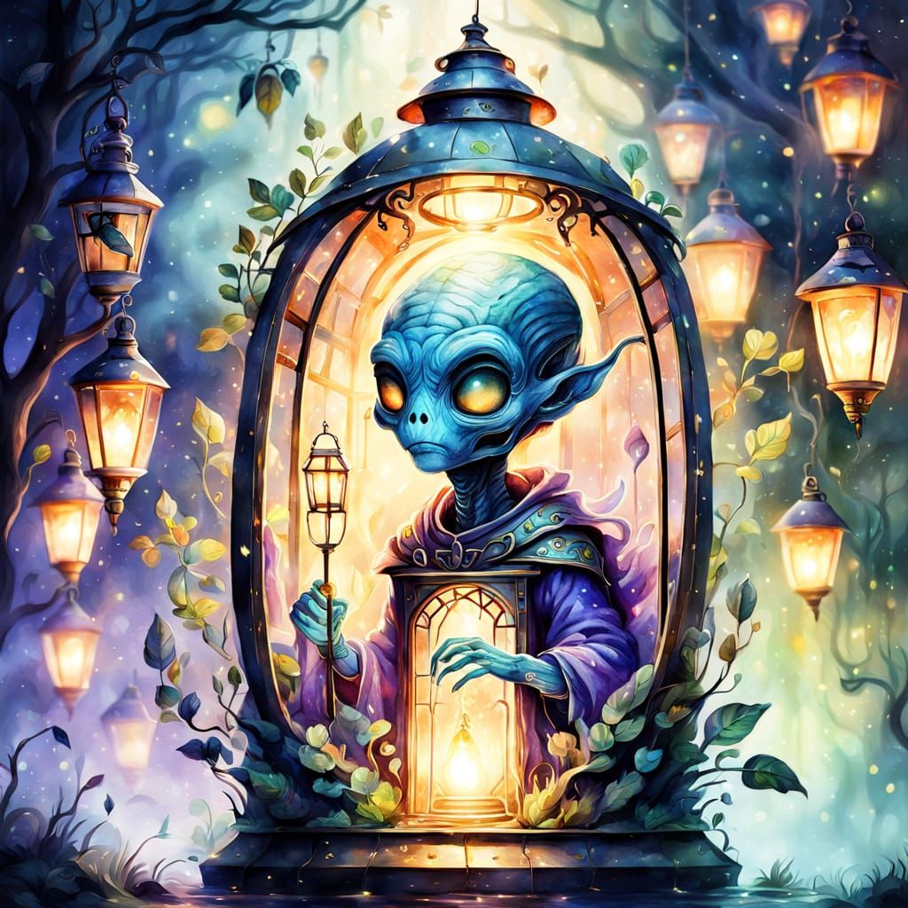 Alien in Lantern: Whimsical Watercolor Fantasy Art