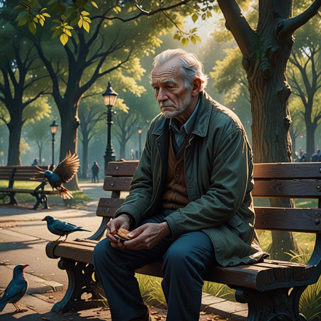 Sad Old Man Feeds Pigeons on Park Bench