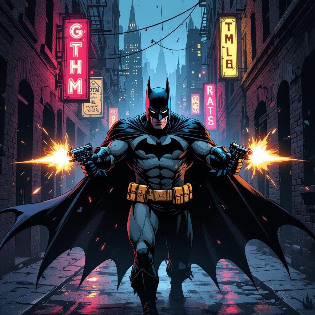 Batman in Gothic Alley with Pistols and Bombs