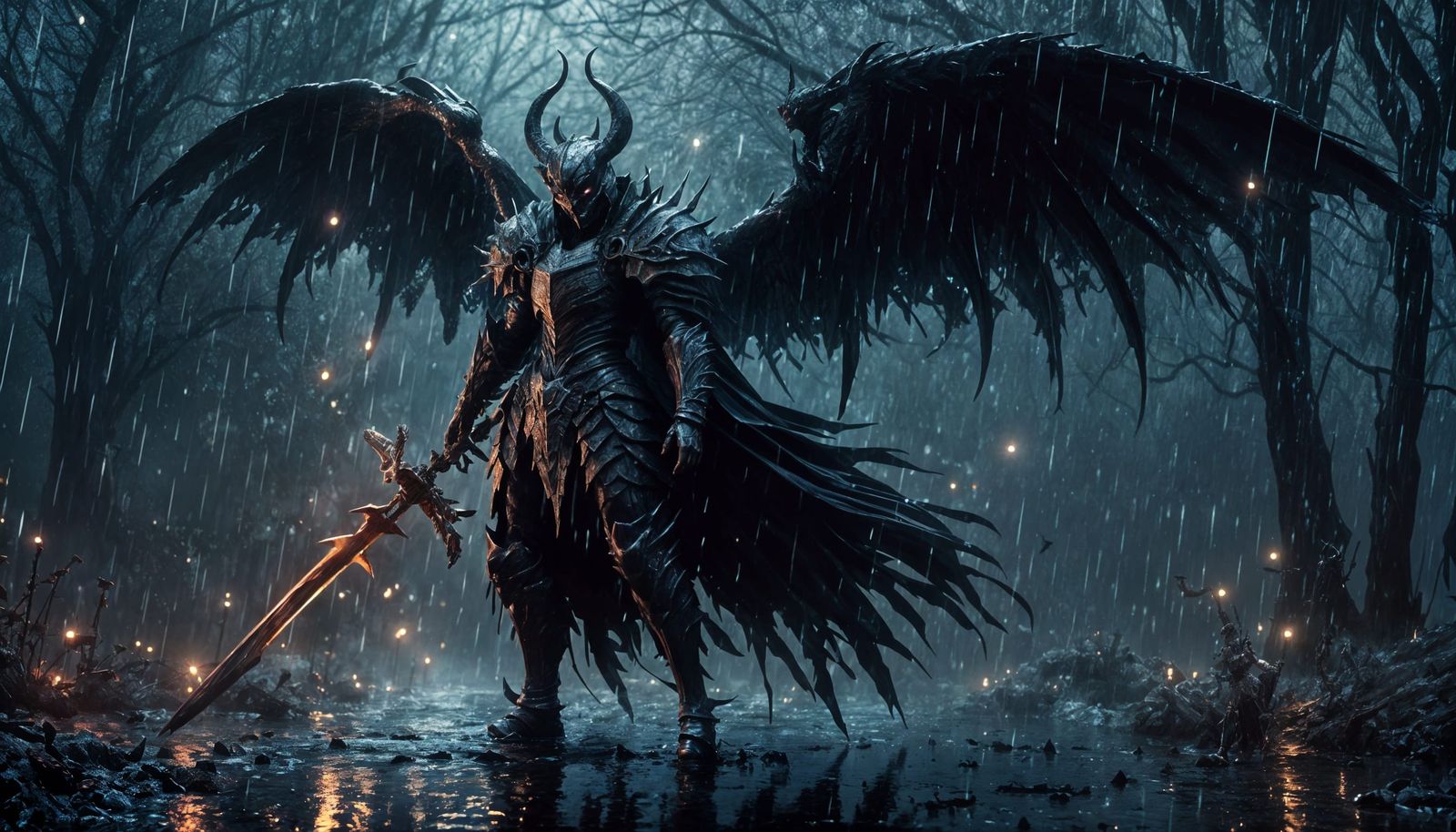 Winged Demon Knight in Rain, Anime Style