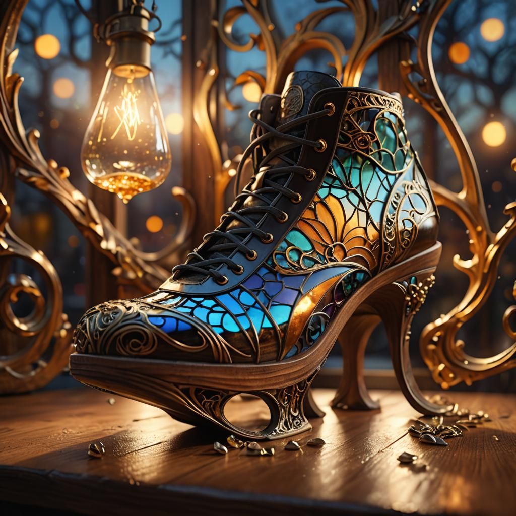 Glass, Wood, and Metal Shoe in Art Nouveau Style