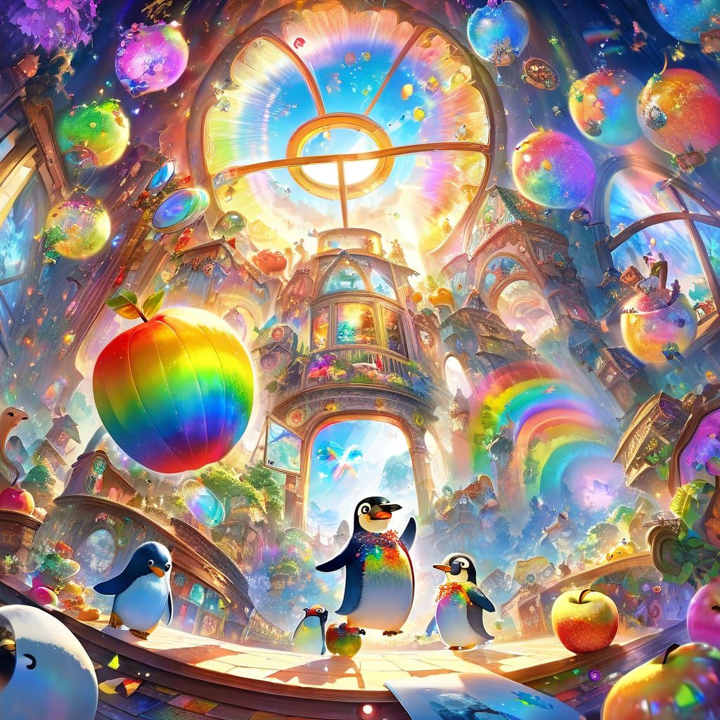 Linux Penguin Bites Rainbow Apple, Digital Art