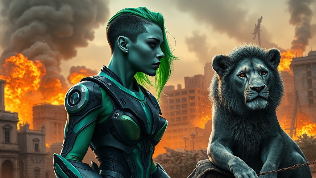 Emerald-Haired Alien Kiss in War-Torn City