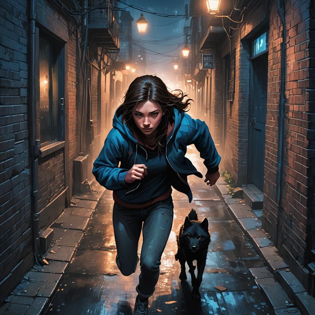 Girl Runs from Wolf in Dark Fantasy Alleyway