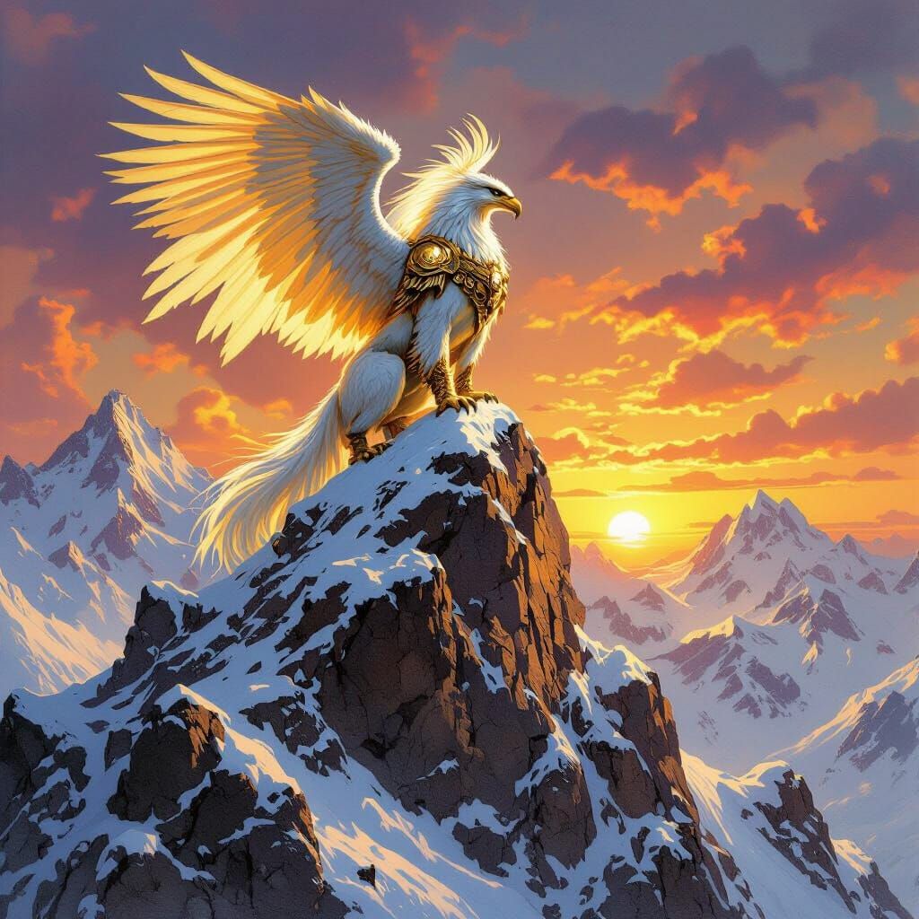 Griffin on Snowy Peak at Sunset in Fantasy Art Style