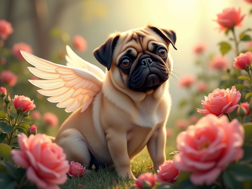 Pug Angel in Vibrant Rose Garden