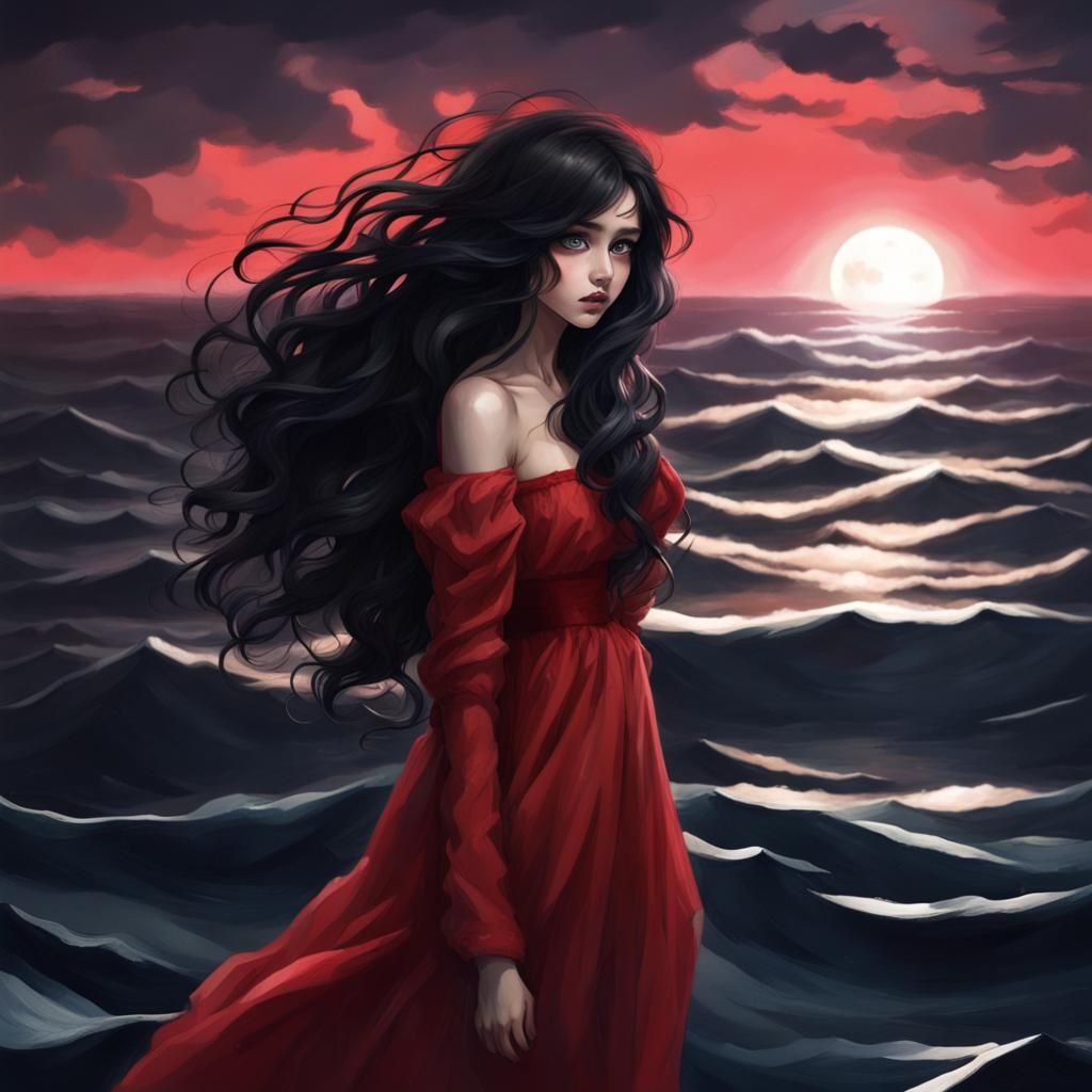 Girl in Red Dress Under Moonlight Ocean