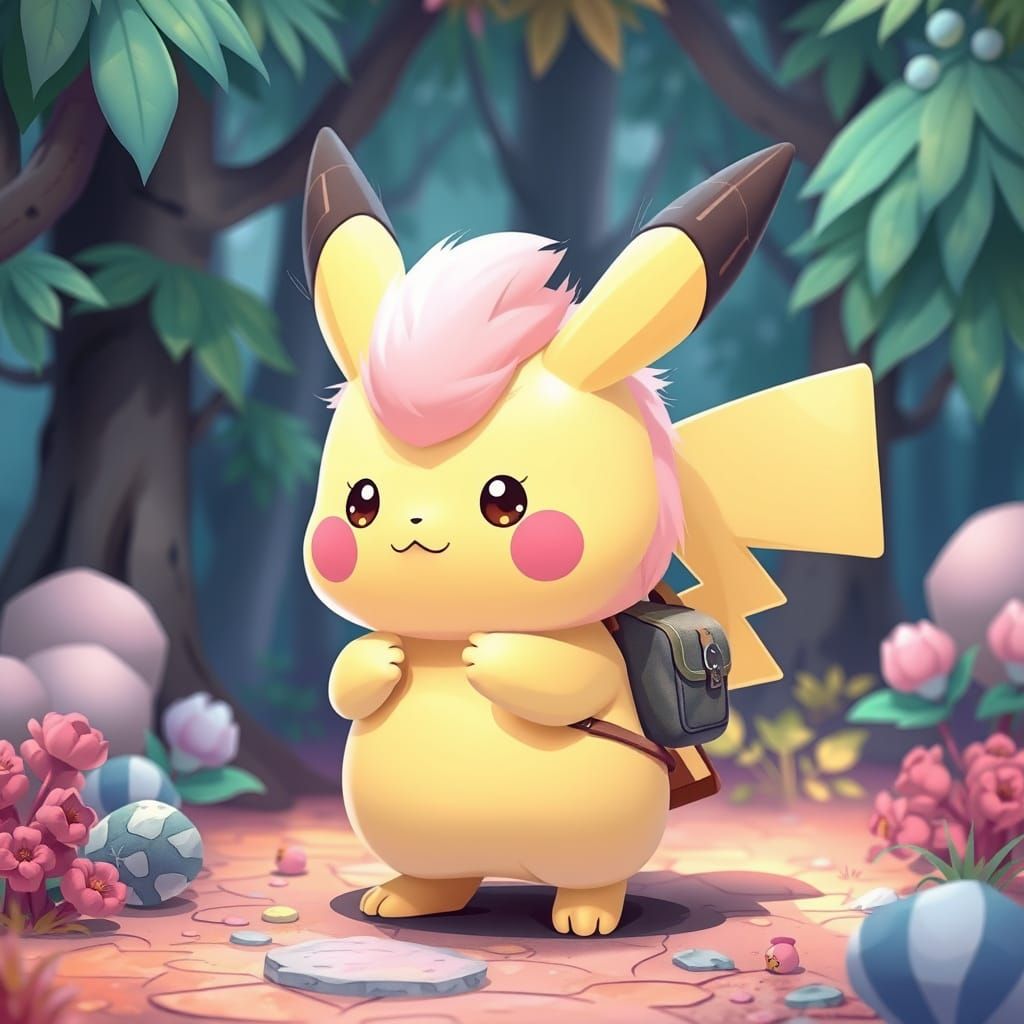 Whimsical Moogle-Pikachu Hybrid in Vibrant Cartoon Forest