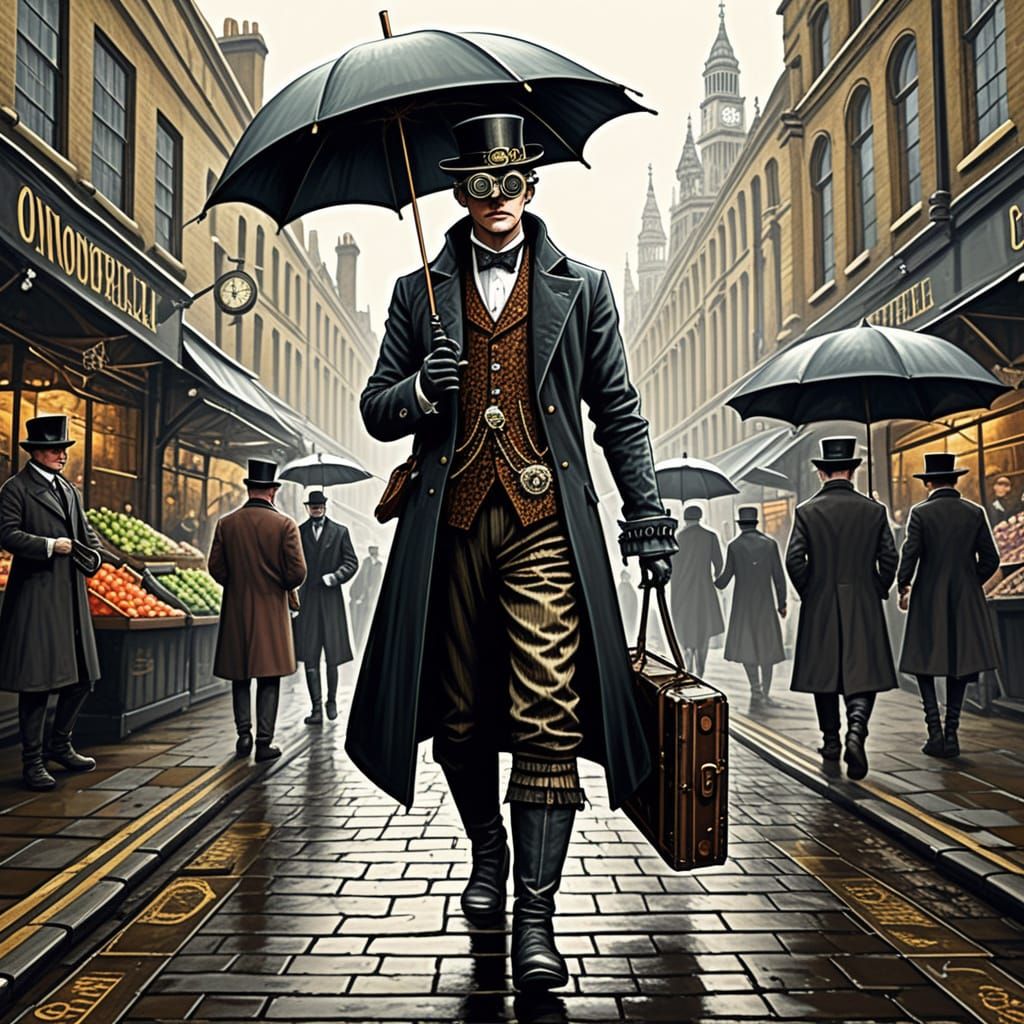 Gothic Steampunk Gentleman with Umbrella in London Market