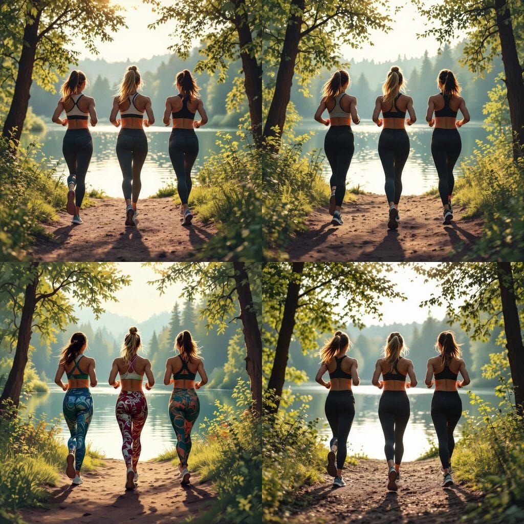 Women Running in Leggings by Lake in Forest