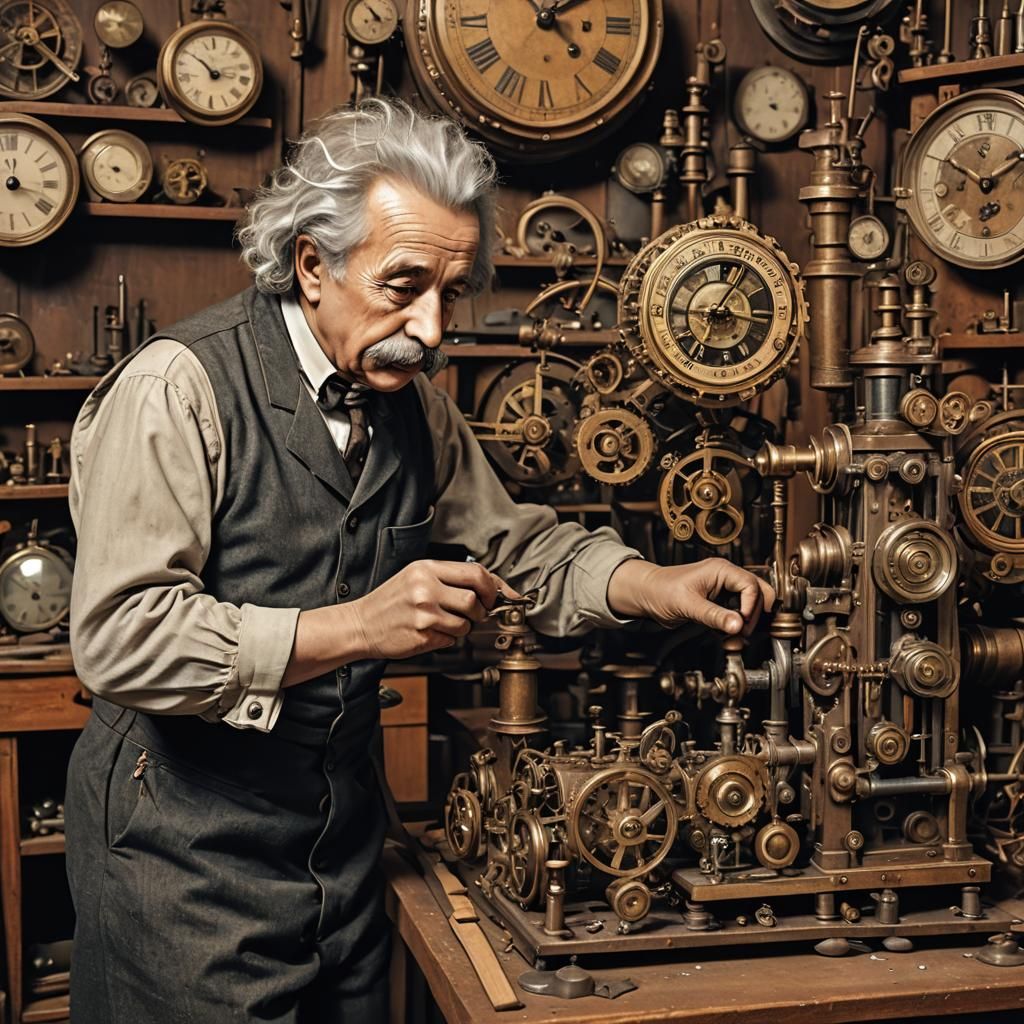 Einstein Repairs Clock in Steampunk Workshop