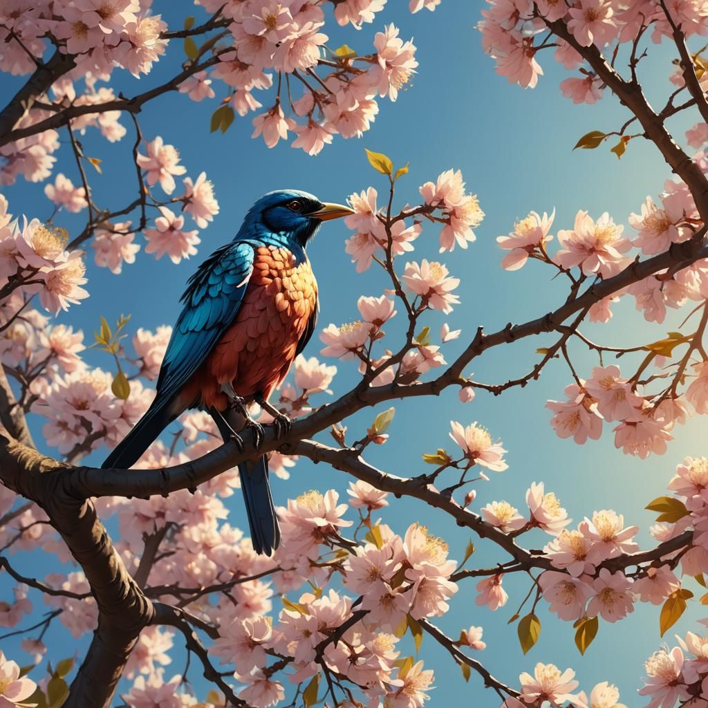 Bird on Blossoming Tree in Fantasy Concept Art