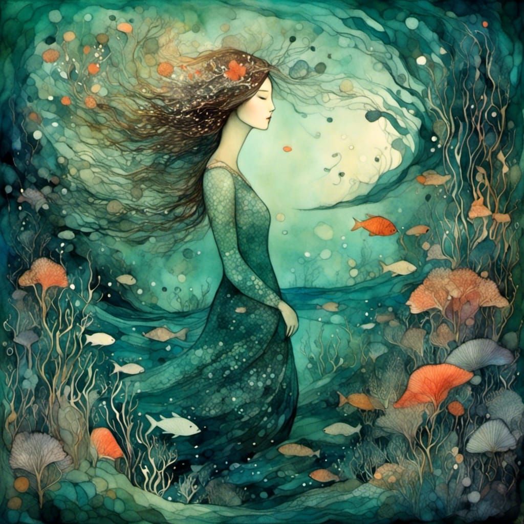 Underwater Mermaid with Coral in Liquid Ink Style