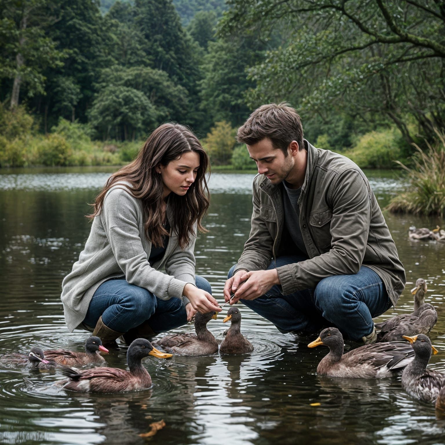 Young Couple Feeding Ducks at Scottish Estate