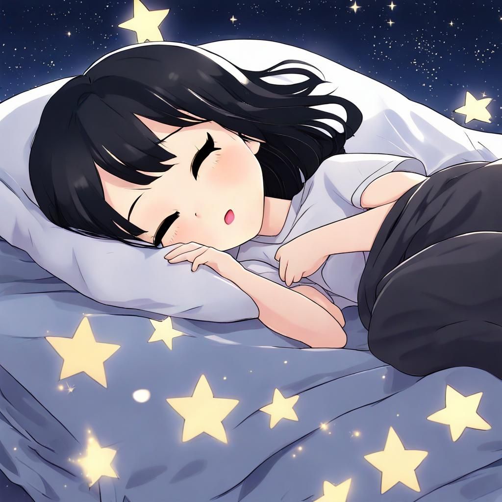 Chibi Black-Haired Girl Sleeping on Starry Sheets