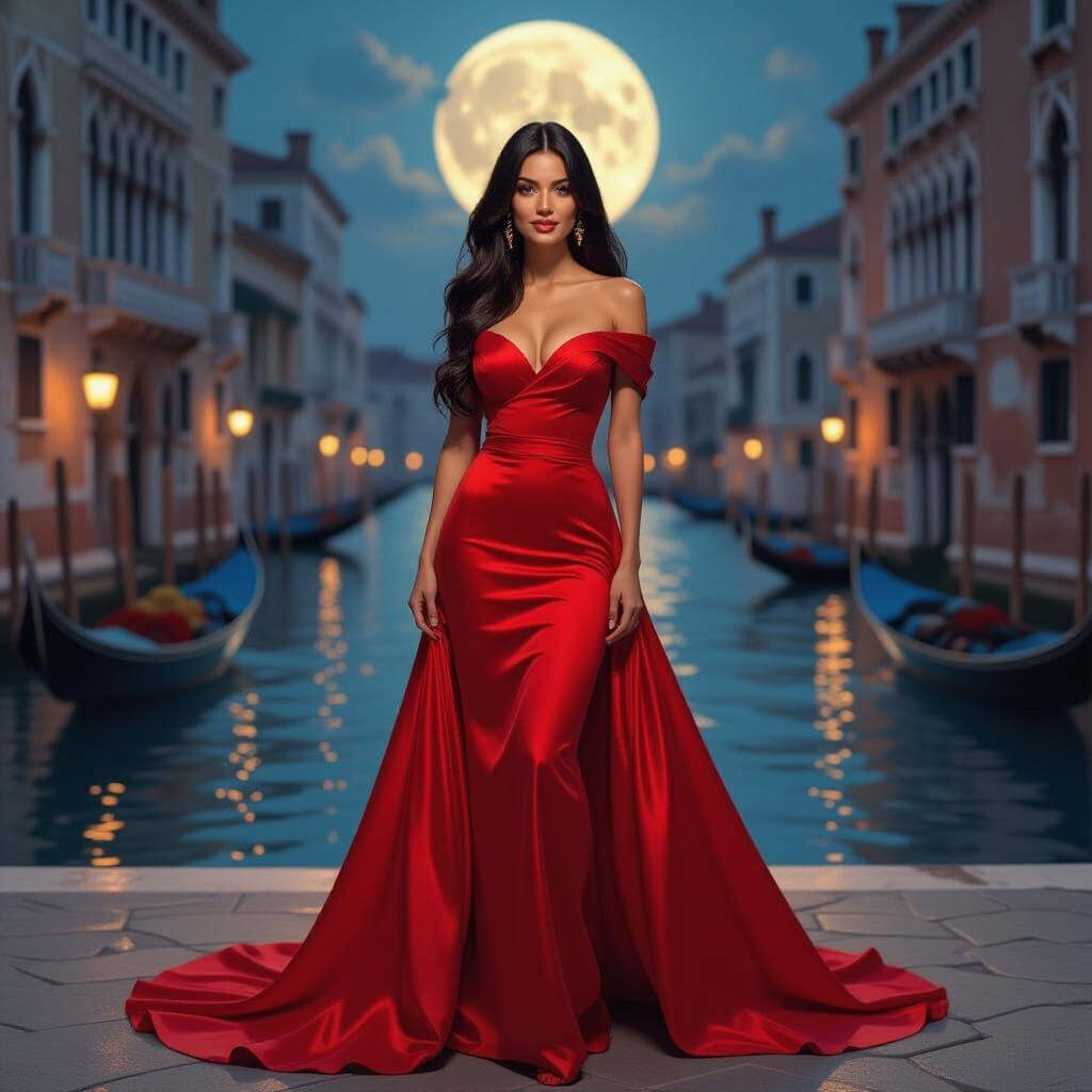 Elegant Woman in Crimson Gown by Moonlit Canal