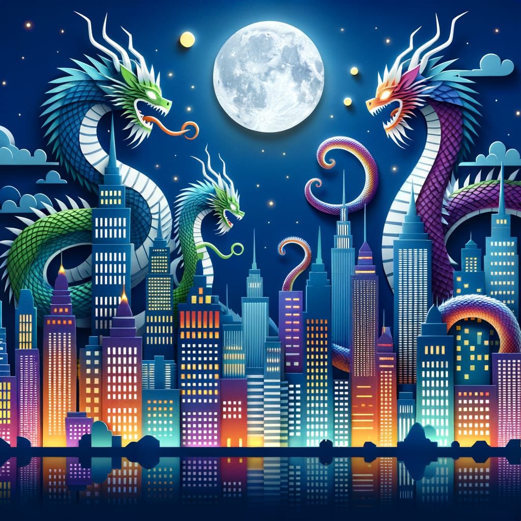 Mythical Beasts Coiling Around a Paper Collage City