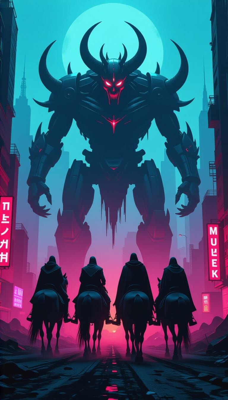 Cyberpunk Horsemen Battle Demon in Underworld