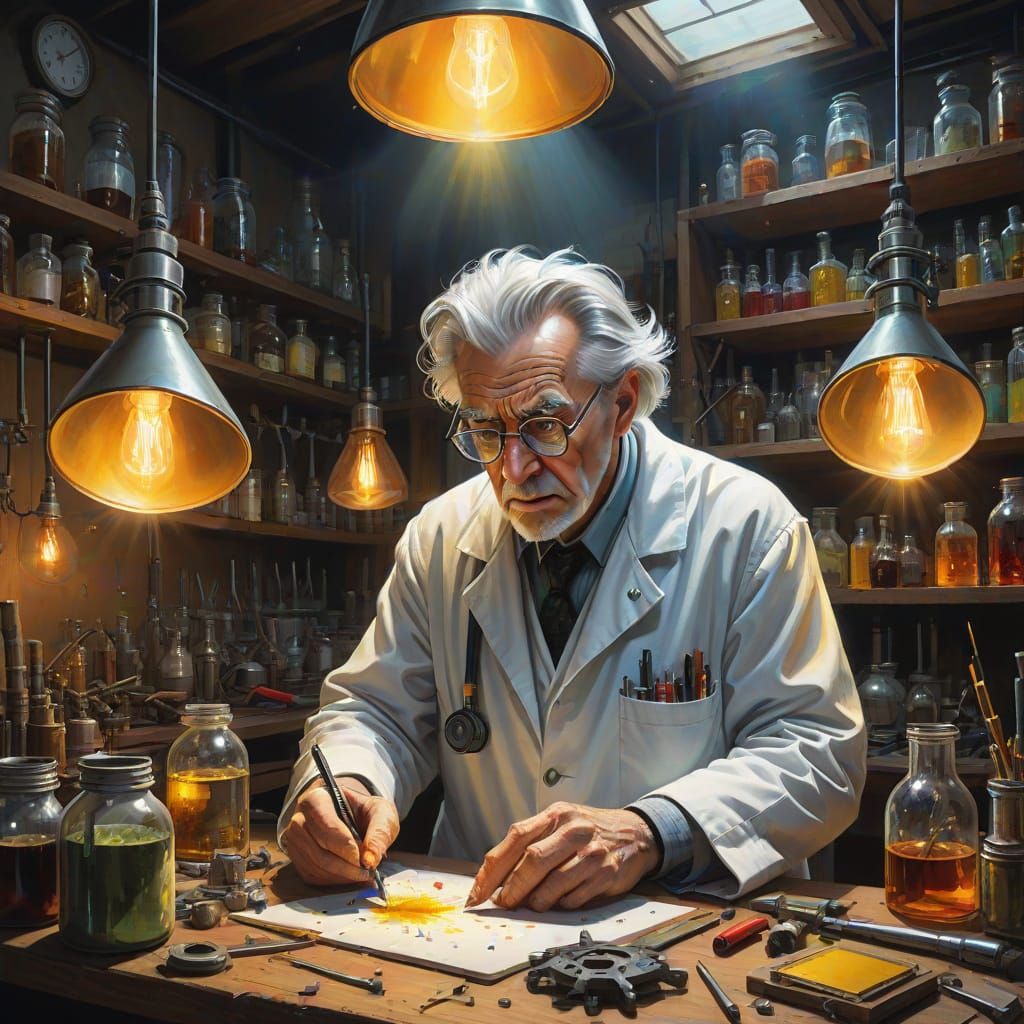 Eccentric Inventor Tinkers with Complex Mechanism in Worksho...