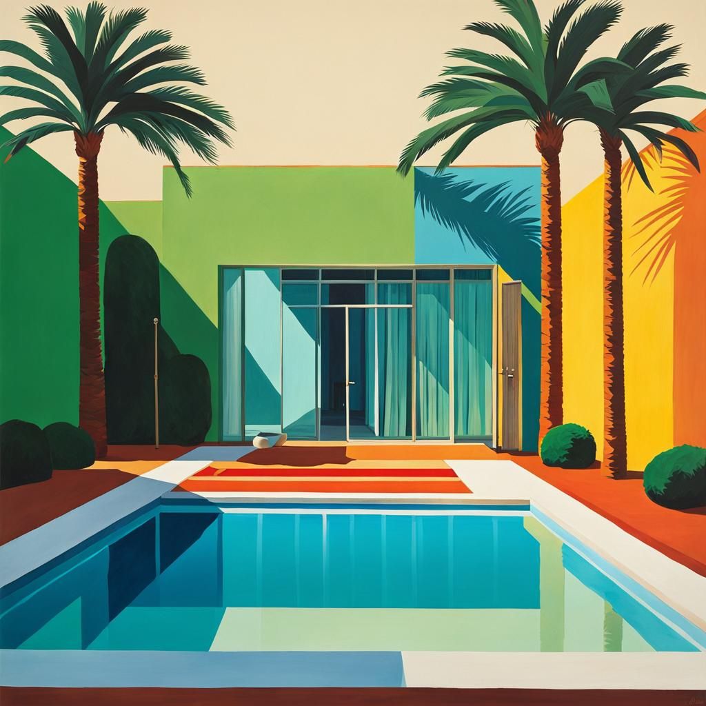 Minimalist Pool Scene in David Hockney Style