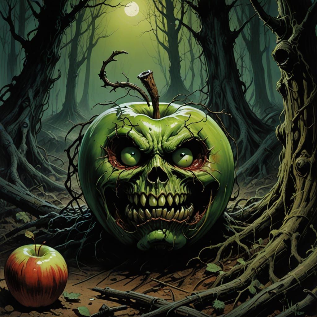Mysterious Rotten Apple in Dark Forest