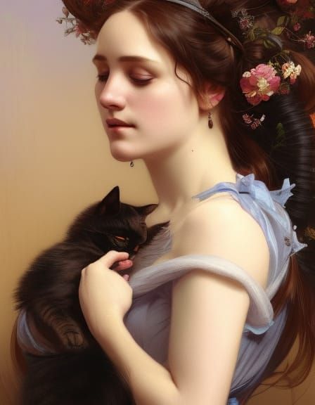 Victorian Woman Cuddling Cat: Art Nouveau Portrait