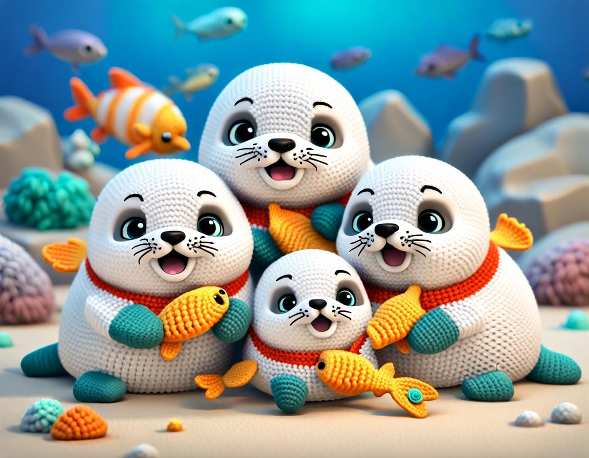 Adorable Crocheted Chibi Harp Seals in 3D