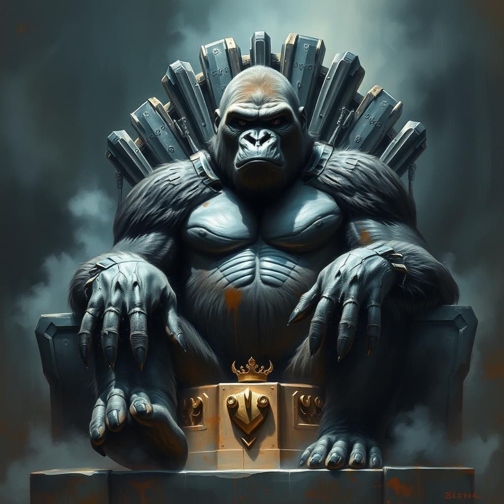 Gorilla on Ominous Throne in Hyperrealistic Style
