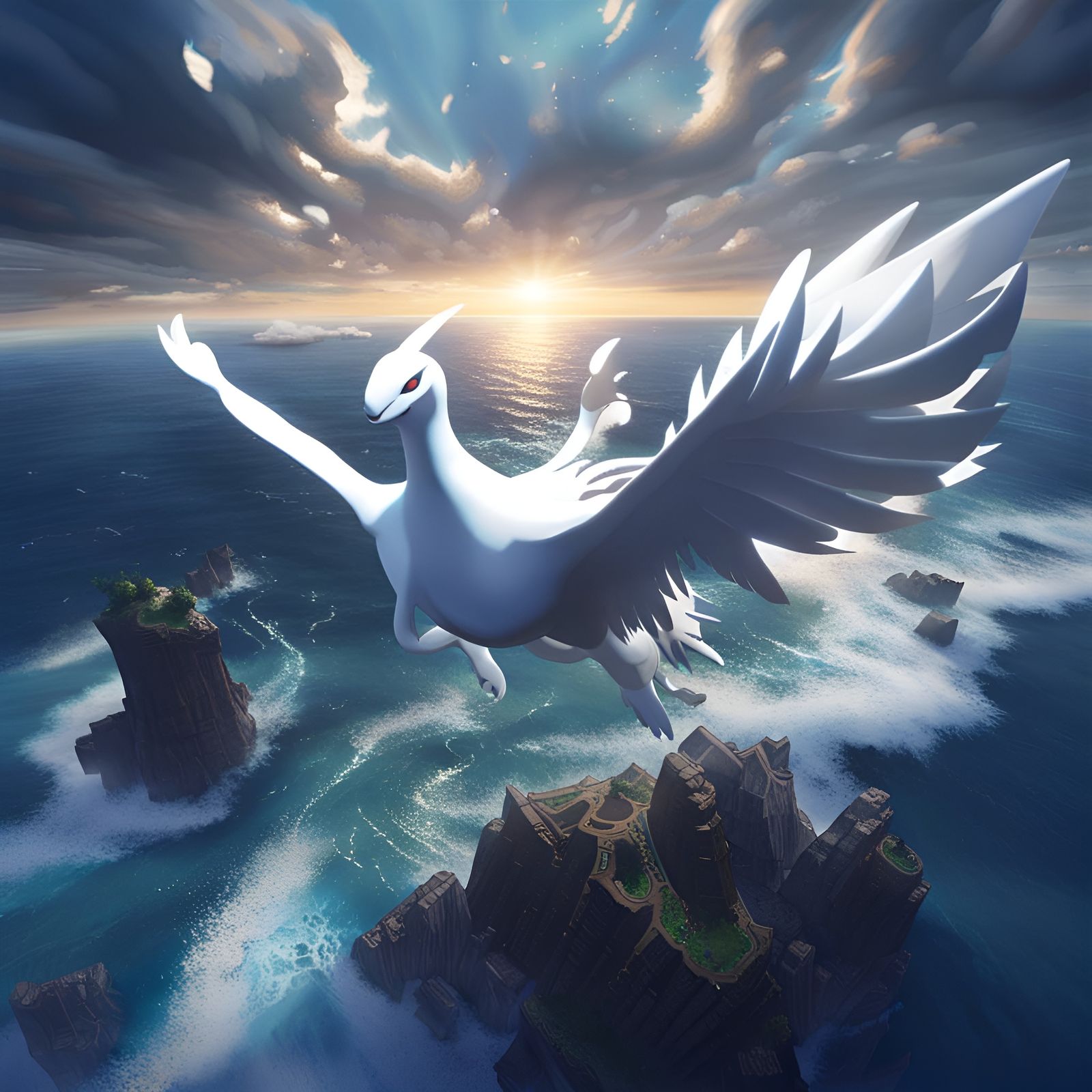 Lugia Pokemon Soaring Over the Sea: Dark Fantasy Art