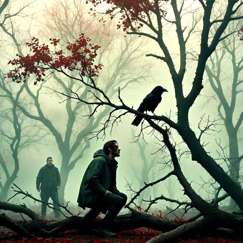 Dramatic Film Still: Crow, Branch, and Bleeding Man