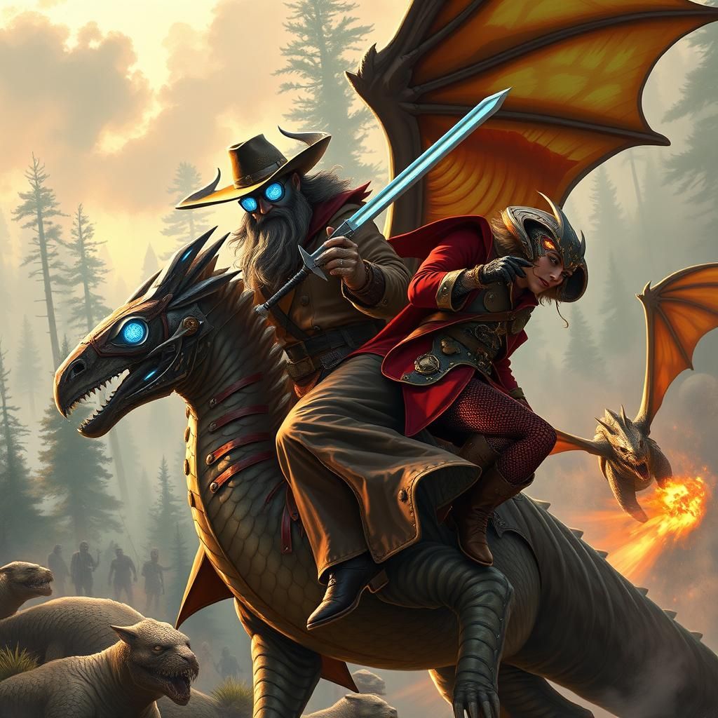 Wizard and Cowboy Battle Zombies on Dragons