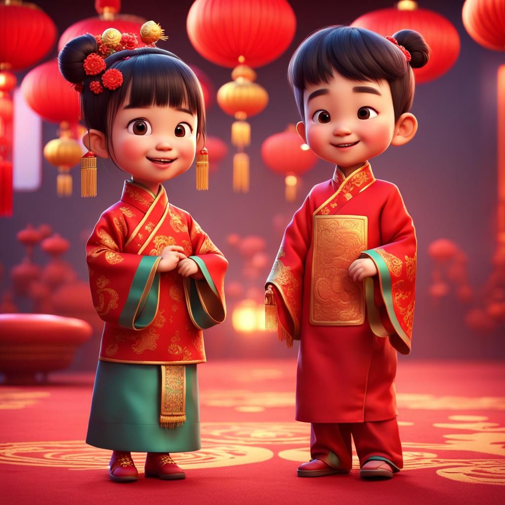 Children Celebrate Chinese New Year in 3D Digital Art