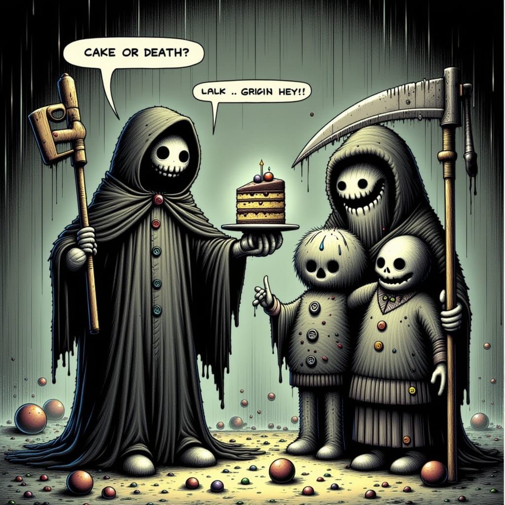 Grim Reaper Offers Cake or Death in Cartoon Style