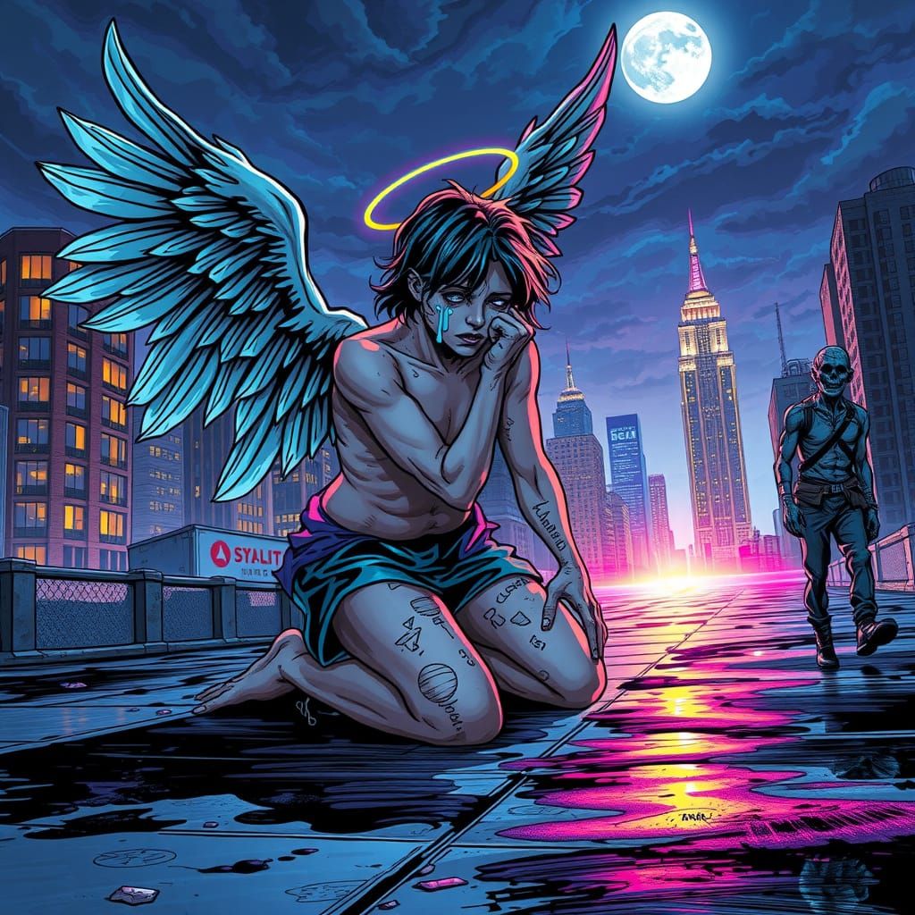 Fallen Angel in Neon Blues, Kneeling on City Skyline