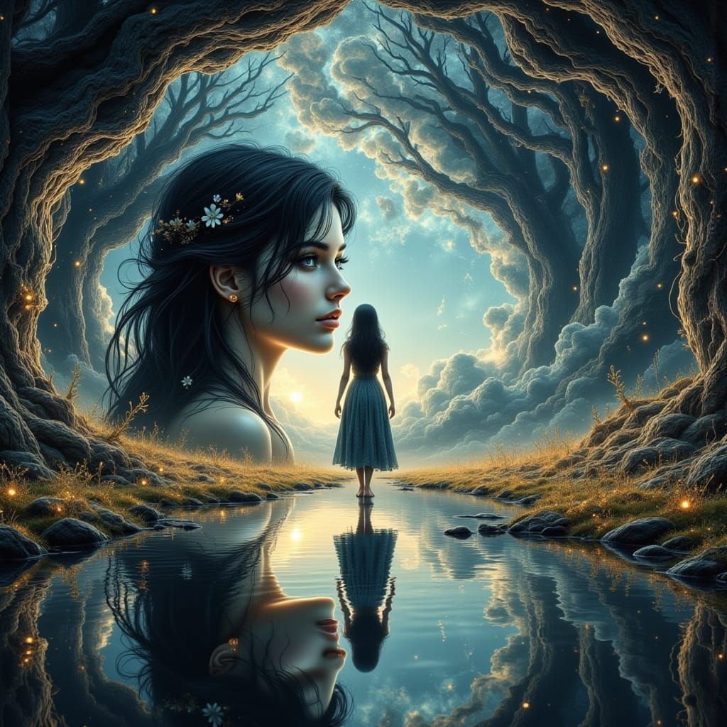 Woman's Reflection Dissolves into Another World