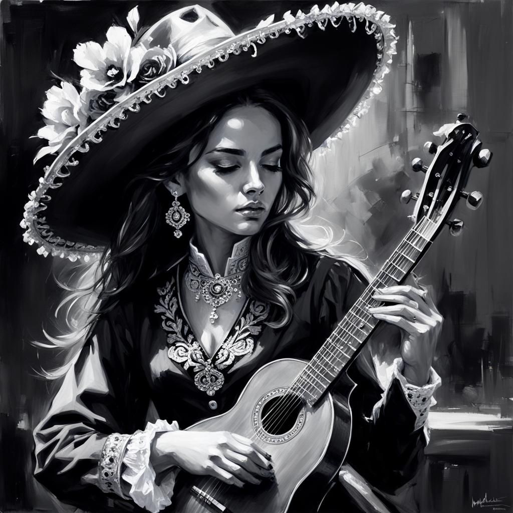 Hyperdetailed Crystalline Mariachi Charcoal Drawing