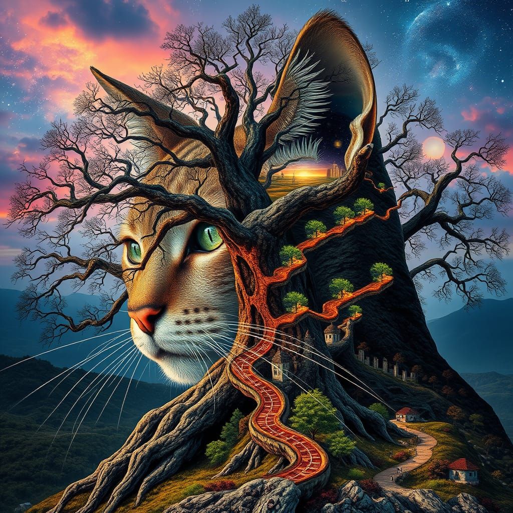 Cosmic Cat Unveils Hidden Realms in Vibrant, Surreal Landsca...