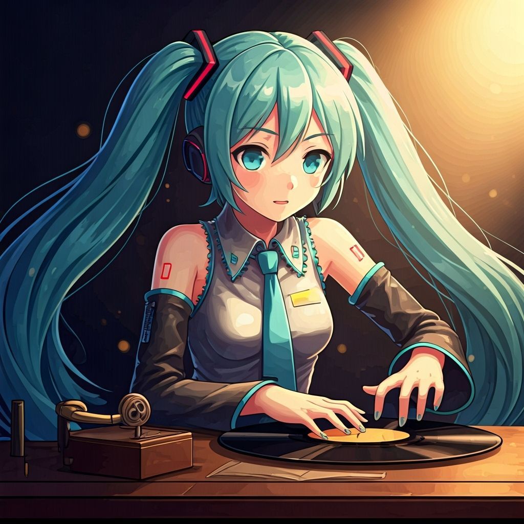 Hatsune Miku Intensely DJs Vintage Gramophone in Anime Style
