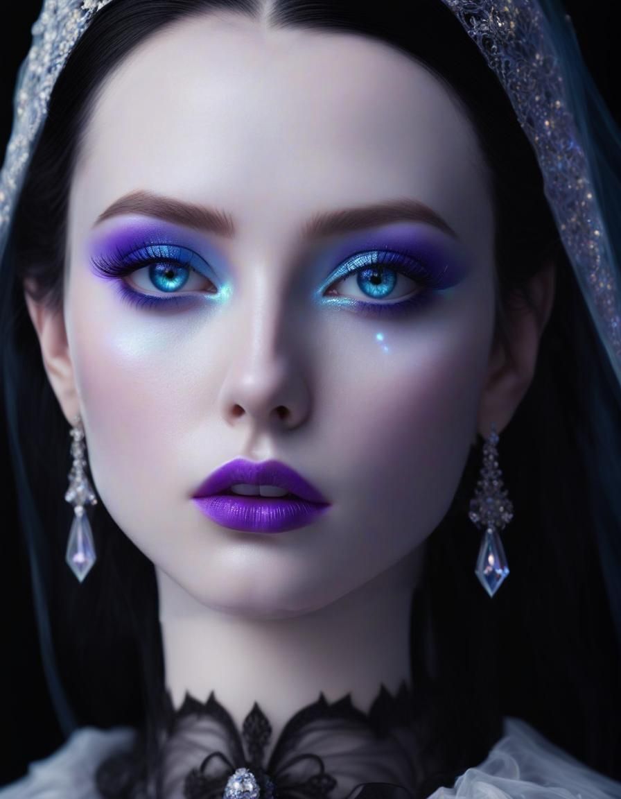 Gothic vampire with black hair and crystal blue eyes with pu...