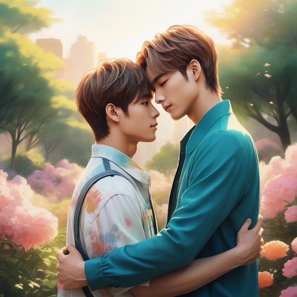 Anime-Inspired Hug in a Vibrant Flower Garden