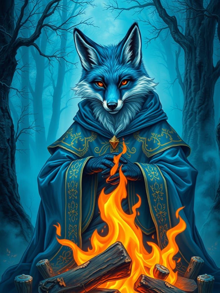 Blue Fox Sorcerer Warms Hands by Majestic Fire