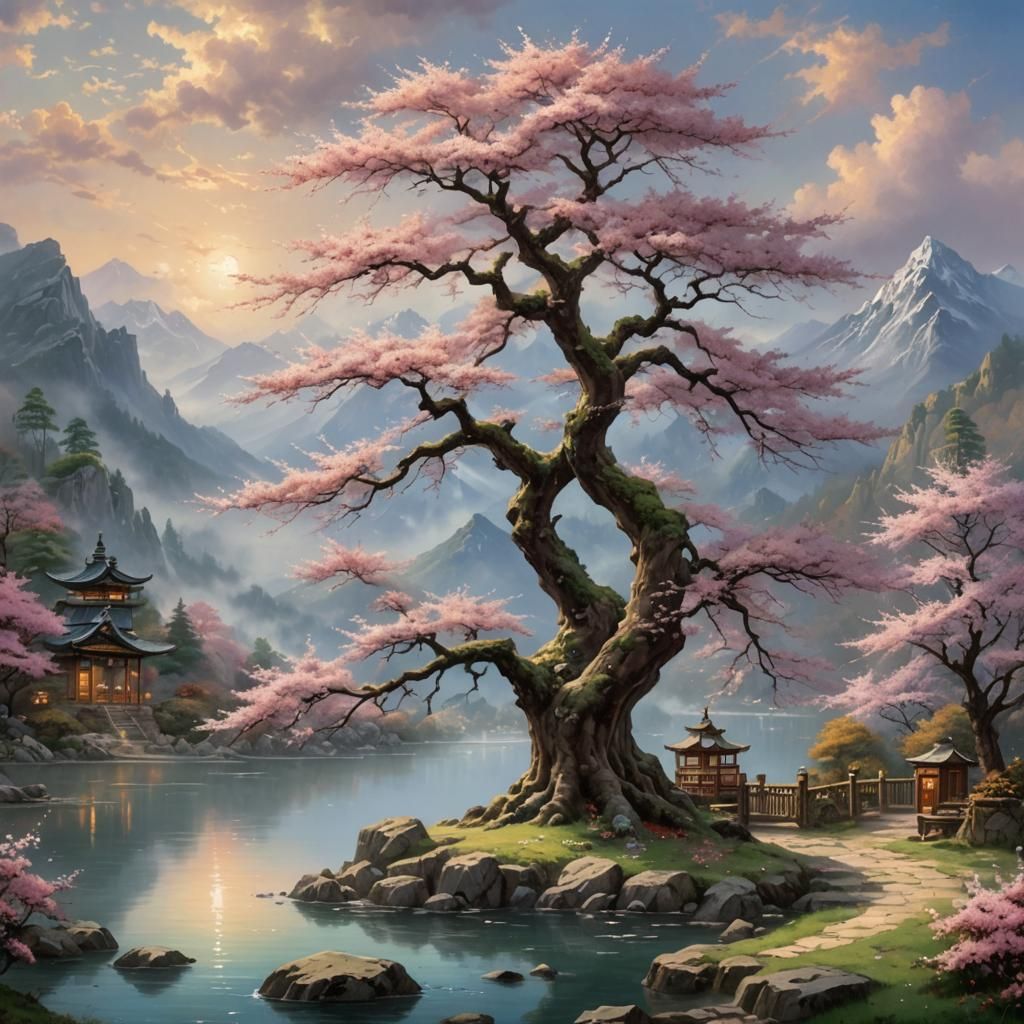 Ancient Sakura Tree by Lake, Ethereal Fantasy Style