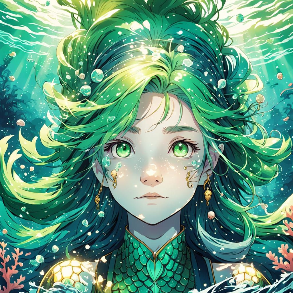 Whimsical Green Mermaid in Anime Comic Style