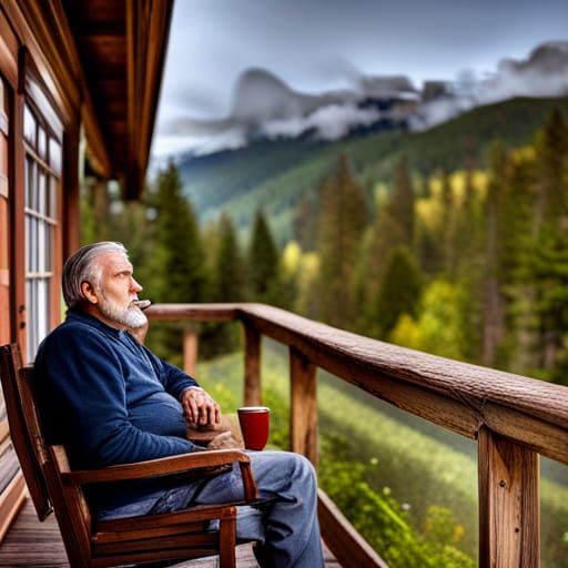 Man Drinking Coffee on Porch: Hyperrealistic 64 Megapixel Im...