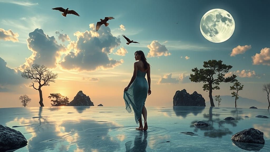 Ethereal Woman in Surreal Landscape, Digital Art