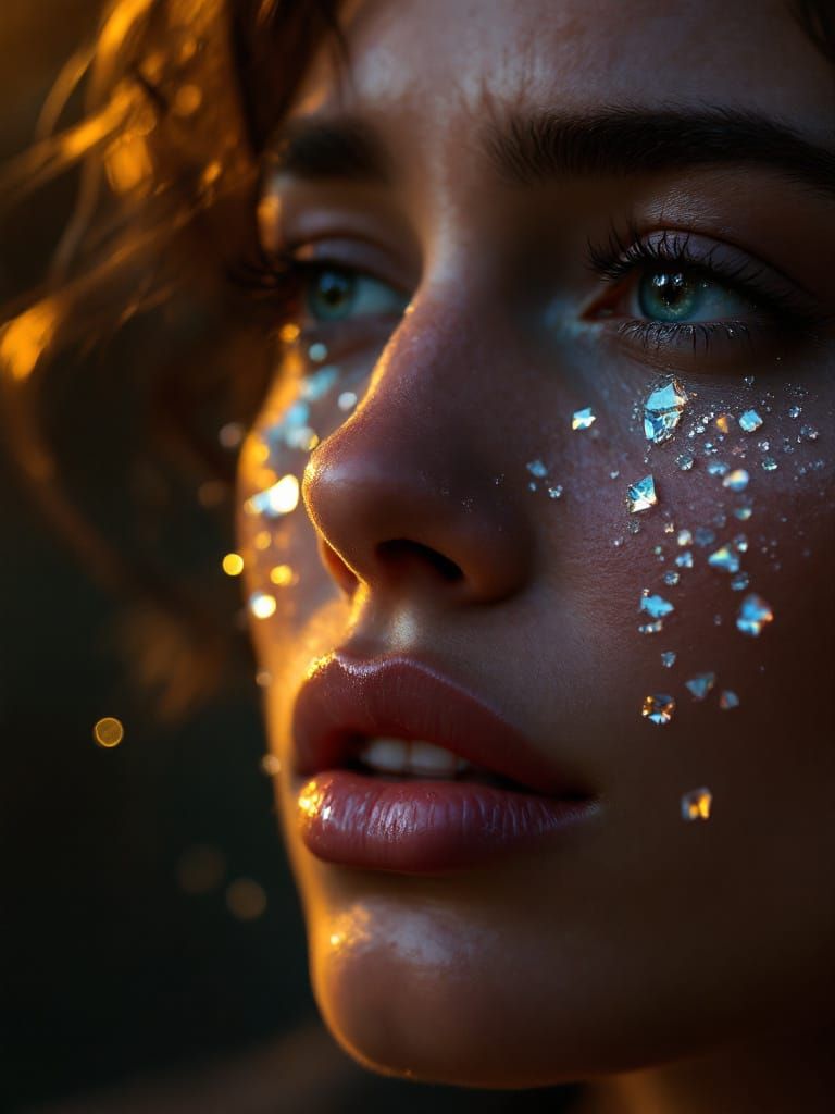 Woman Crying Gemstone Tears in Dramatic Spotlight